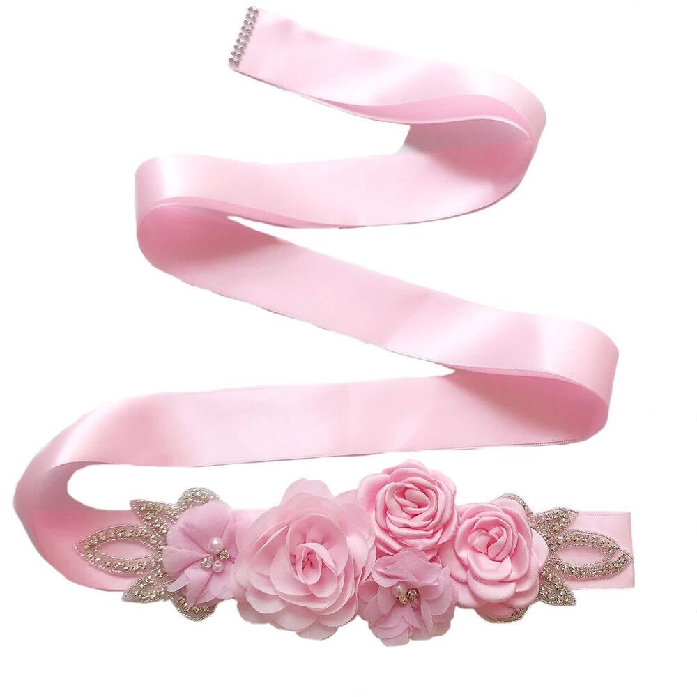 3962 Sash Belt with Flowers Pearls Rhinestone for Wedding Bride/Baby Shower